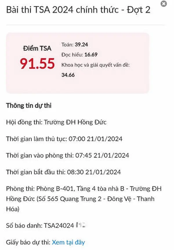 Điểm thi TSA đợt 2 thủ khoa Nguyễn Minh Dũng