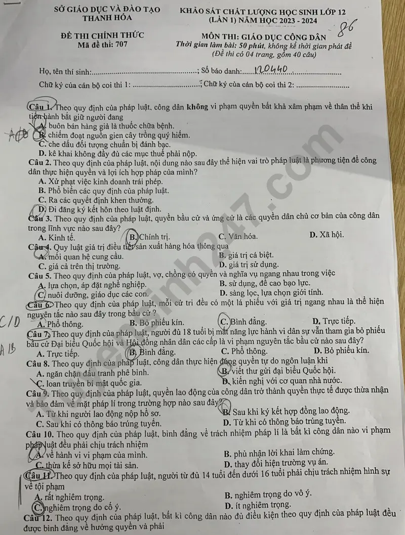 Lưu ý: Đáp án khoanh trong đề thi là của học sinh không chính xác

