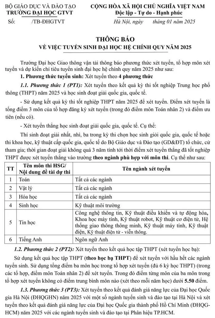 Đại học Giao thông vận tải công bố thông tin tuyển sinh 2025